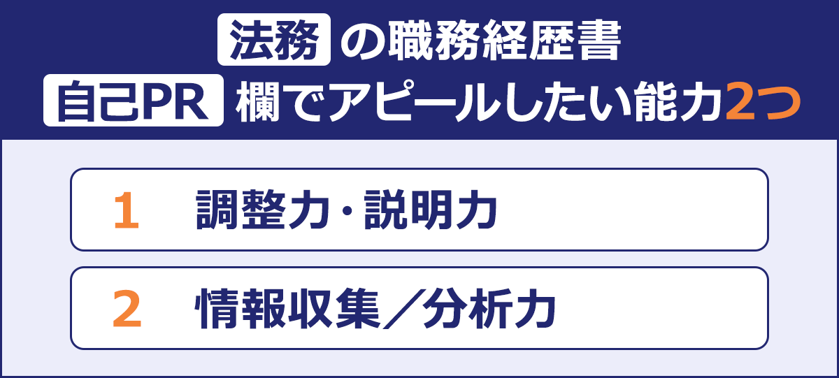 ～法務の職務経歴書 自己PR欄でアピールしたい能力2つ～1 調整力・説明力|2 情報収集／分析力