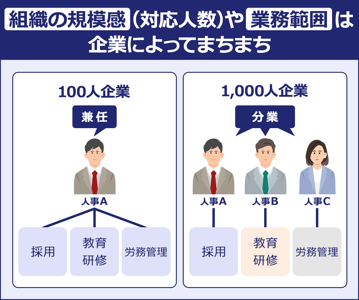 ~組織の規模感(対応人数)や業務範囲は企業によってまちまち~100人企業 人事A(兼任)…採用、教育研修、労務管理/1,000人企業(分業)人事A…採用、人事B…教育研修、人事C…労務管理