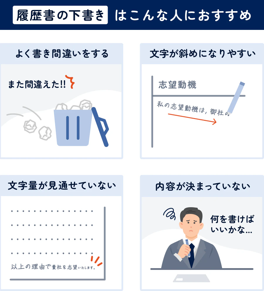 【履歴書の下書きはこんな人におすすめ】よく書き間違いをする/文字が斜めになりやすい文字量が見通せていない/内容が決まっていない