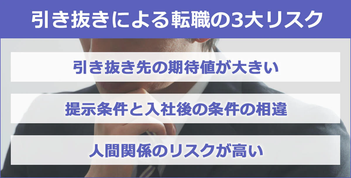 引き抜きによる転職の３大リスク：（1）引き抜き先の期待値が大きい（2）提示条件と入社後の条件の相違（3）人間関係のリスクが高い
