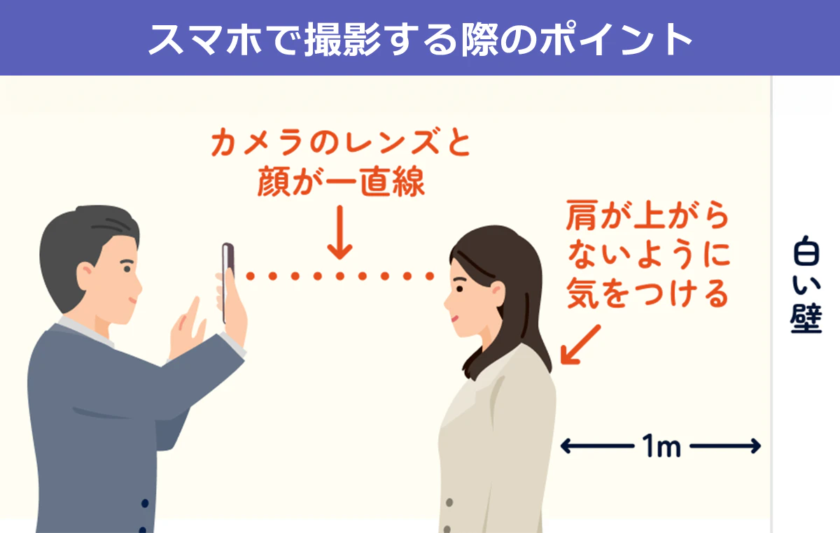 スマホで撮影する際のポイント：カメラのレンズと顔が一直線。肩が上がらないように気をつける。