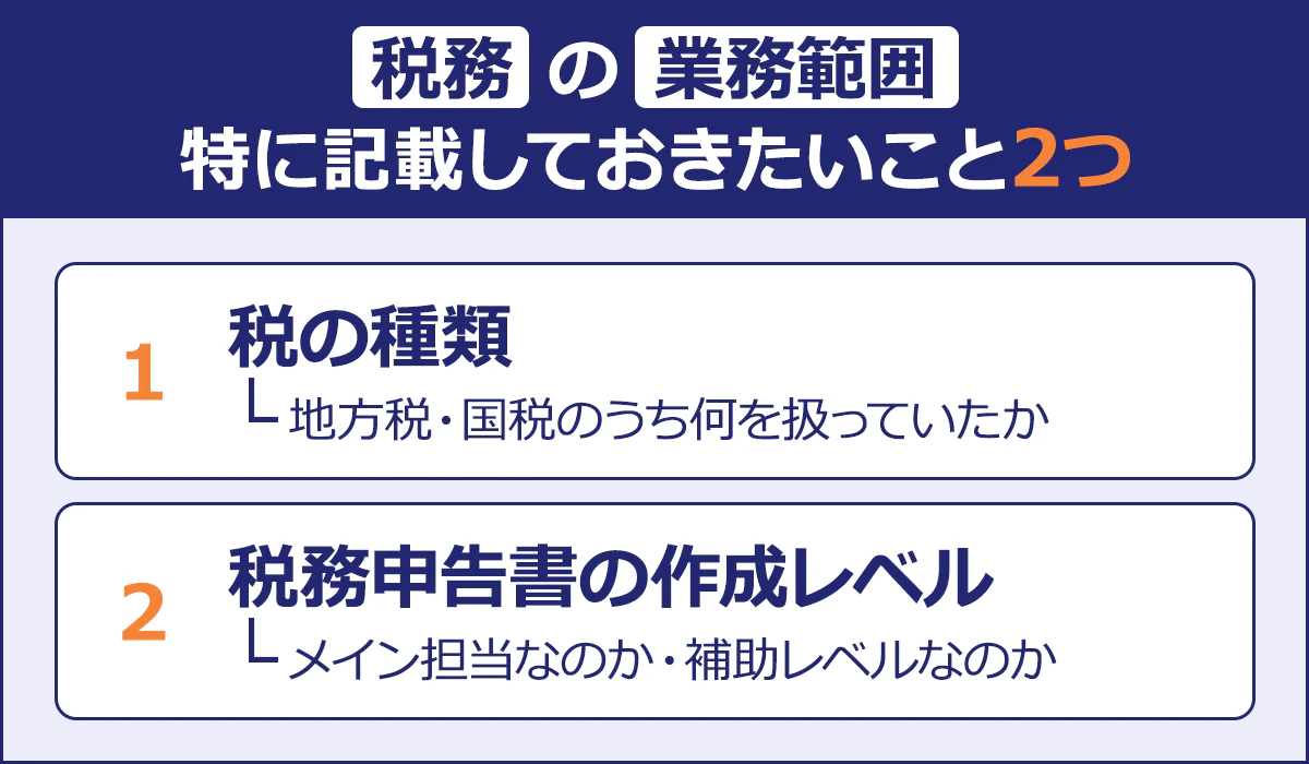 ～税務の業務範囲特に記載しておきたいこと2つ～|税の種類|└地方税・国税のうち何を扱っていたか|税務申告書の作成レベル|└メイン担当なのか・補助レベルなのか