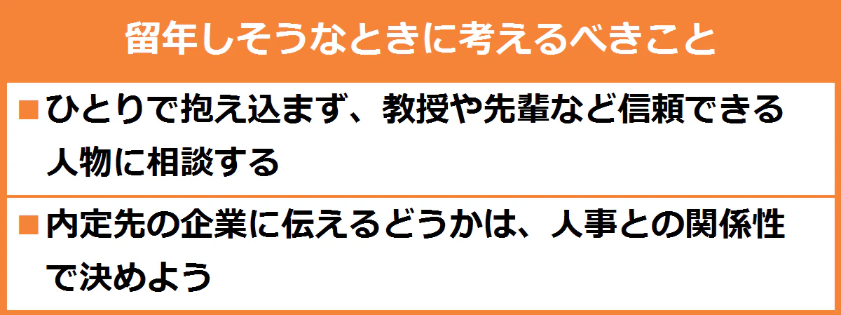 留年しそうなときに考えるべきこと/ひとりで抱え込まず、教授や先輩など信頼できる人物に相談する/内定先の企業に伝えるかどうかは、人事との関係性で決めよう