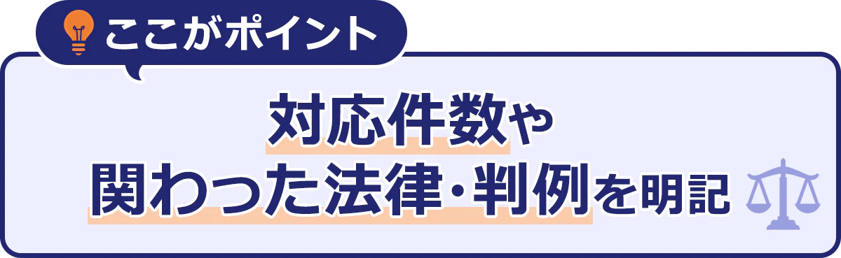 ~ここがポイント~対応件数やかかわった法律・判例を明記