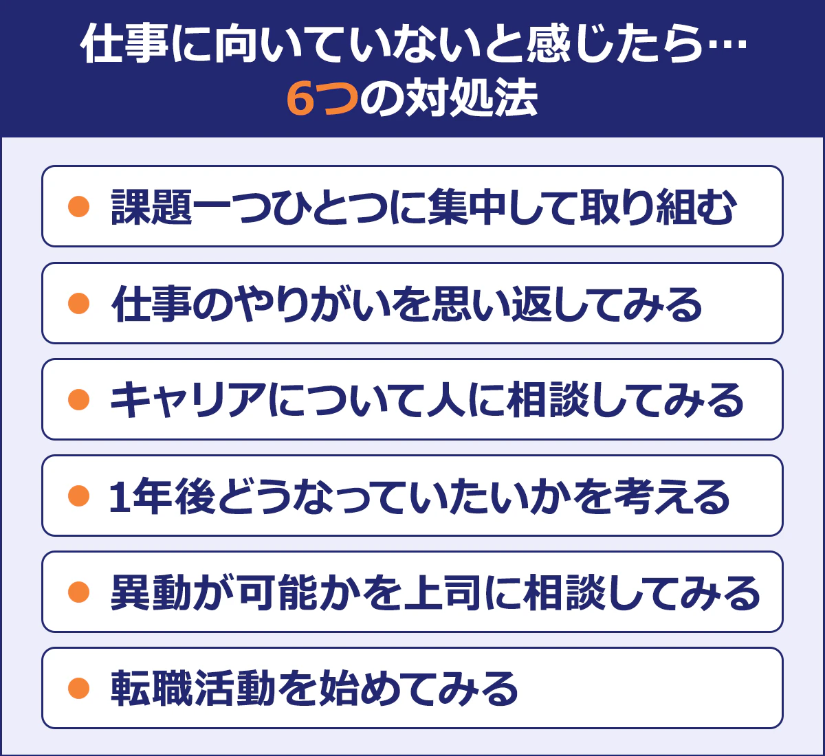 【仕事に向いていないと感じたら…6つの対処法】課題一つひとつに集中して取り組む/仕事のやりがいを思い返してみる/ キャリアについて人に相談してみる/1年後どうなっていたいかを考える/異動が可能かを上司に相談してみる/転職活動を始めてみる