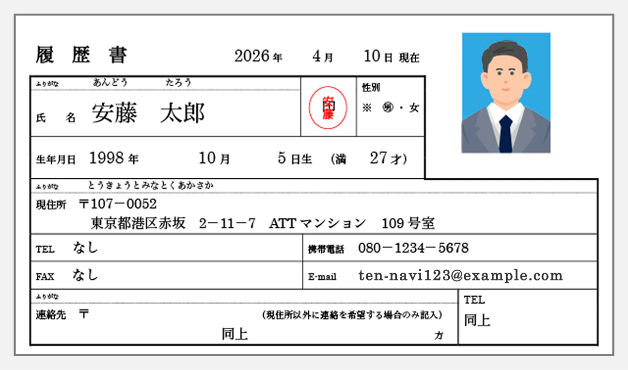 基本情報（日付、名前、生年月日、住所・連絡先、証明写真）の記入例