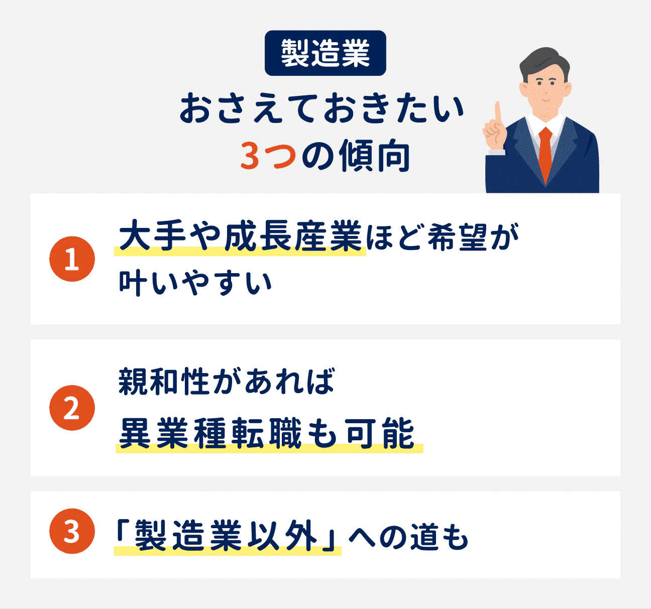 製造業でおさえておきたい3つの傾向|(1)大手や成長産業ほど希望が叶いやすい、(2)親和性があれば異業種転職も可能、(3)製造業以外への道もある