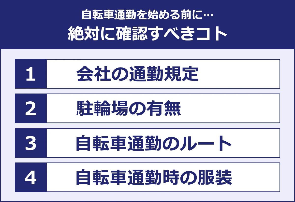 【自転車通勤を始める前に…絶対に確認すべきコト】1）会社の通勤規定／2）駐輪場の有無／3）自転車通勤のルート／4）自転車通勤時の服装