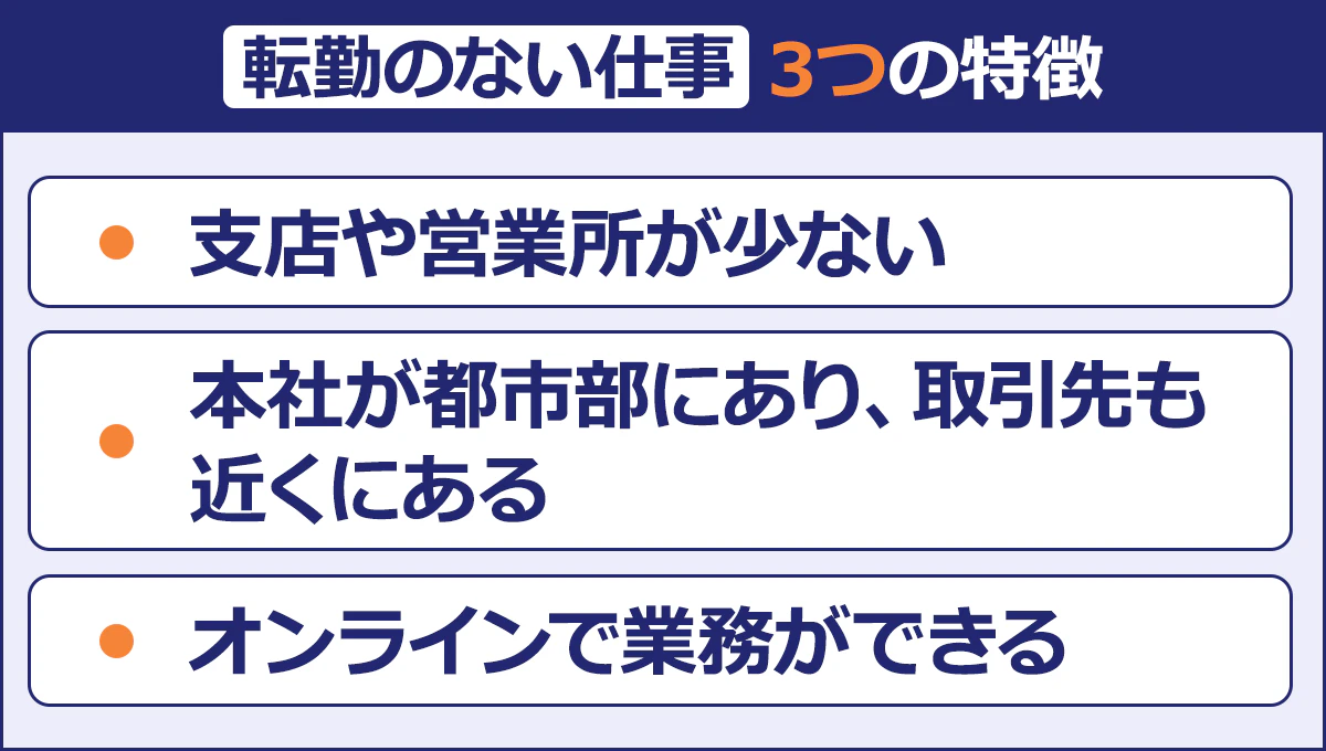 【転勤のない仕事／3つの特徴】支店や営業所が少ない／・本社が都市部にあり、取引先も近くにある／・オンラインで業務ができる