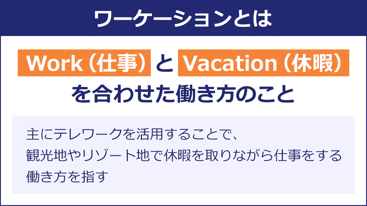 【ワーケーションとは】「work(仕事)」と「Vacation(休暇)」を合わせた働き方のこと。主にテレワークを活用することで、観光地やリゾート地で休暇を取りながら仕事をする働き方を指す