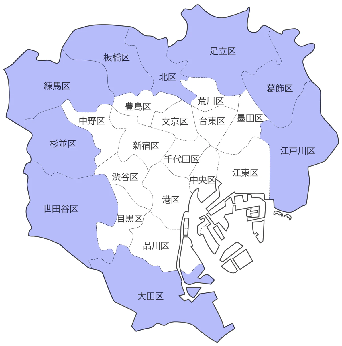 【東京23区で家賃が安めの9エリアを示した地図】 江戸川区・葛飾区・足立区・北区・板橋区・練馬区・杉並区・世田谷区・大田区