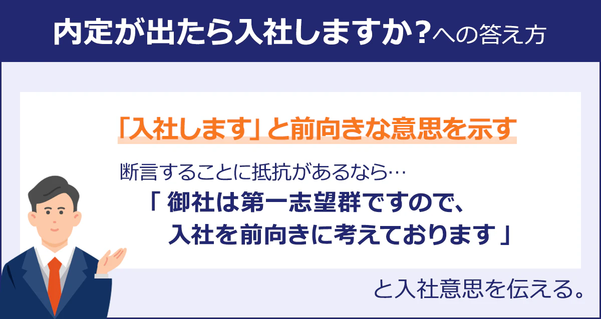 【内定が出たら入社しますか？への答え方】「入社します」と前向きな意思を示す／断言することに抵抗があるなら...「御社は第一志望群ですので、入社を前向きに考えております」と入社意思を伝える。