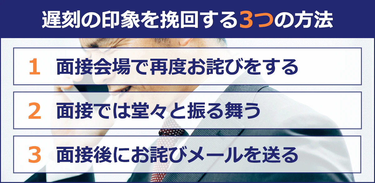 【遅刻の印象を挽回する3つの方法】1面接会場で再度お詫びをする、2面接では堂々と振る舞う、3面接後にお詫びメールを送る