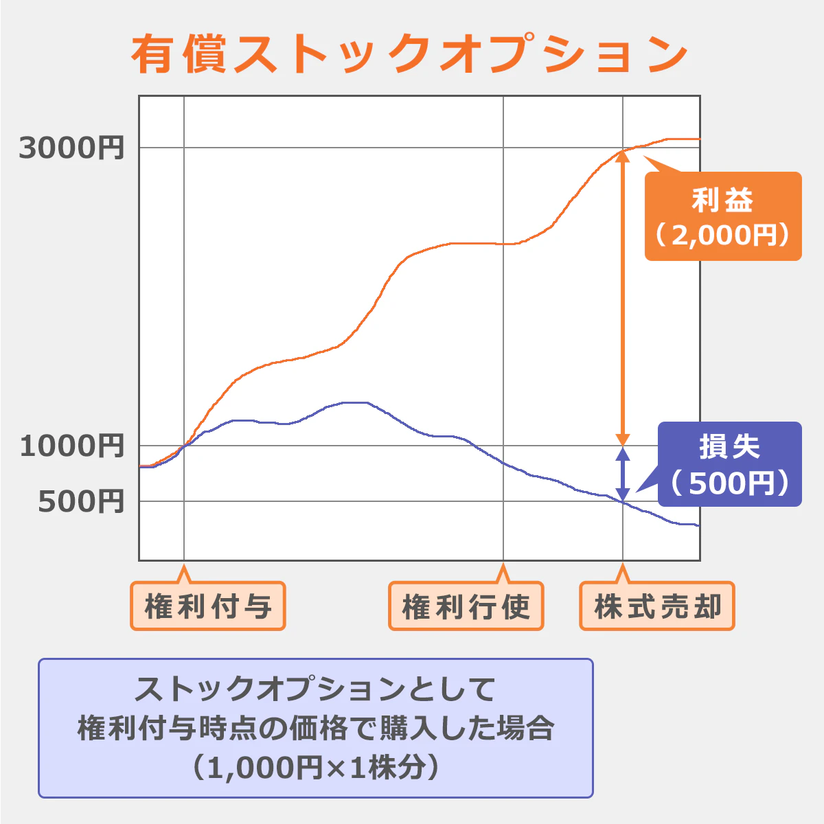 「有償ストックオプション」参考例:権利付与時点で一株1000円で購入。株式売却時、一株3000円に上昇した場合2000円の利益、一株500円に下落した場合500円の損益。