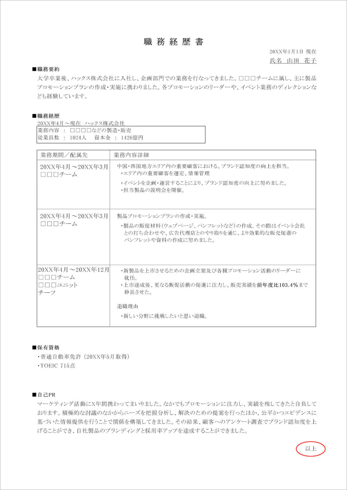 職務経歴書の「以上」の位置参考画像
