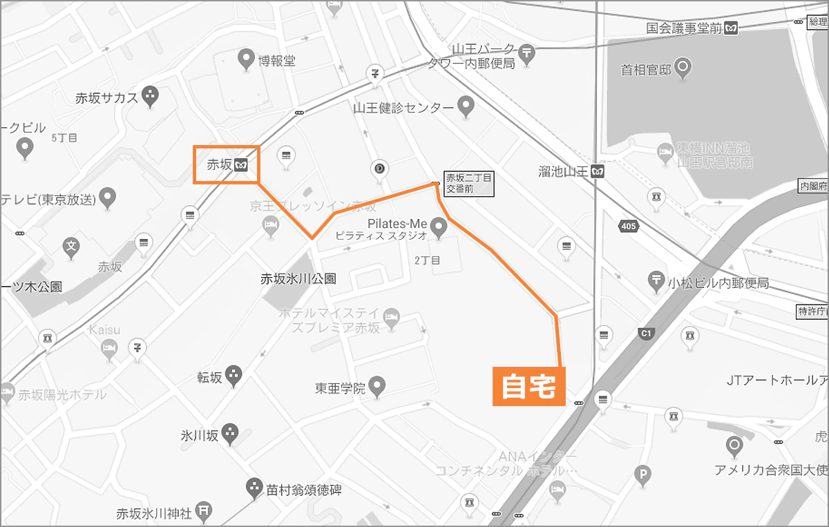 ネットの地図を赤ペンでなぞった略図のイメージ