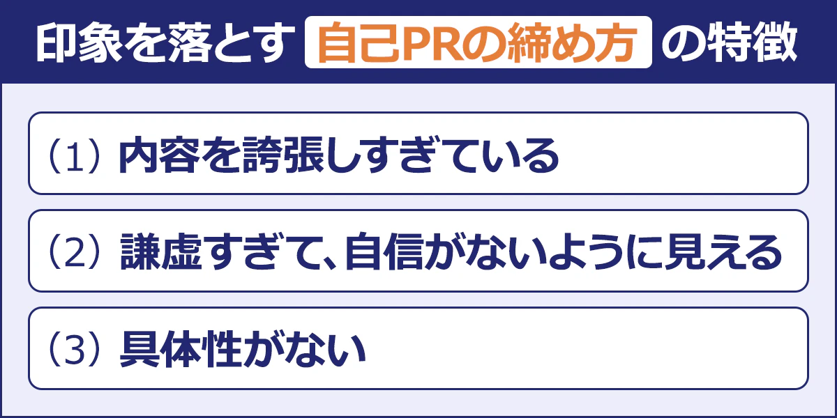 【印象を落とす自己PRの締め方の特徴】（1）内容を誇張しすぎている（2）謙虚すぎて、自信がないように見える（3）具体性がない