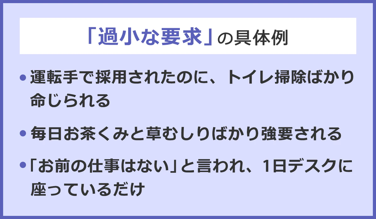 「過小な要求」の具体例。・運転手で採用されたのに、トイレ掃除ばかり命じられる。・毎日お茶くみと草むしりばかち強要される。・「お前の仕事はない」と言われ、1日デスクに座っているだけ
