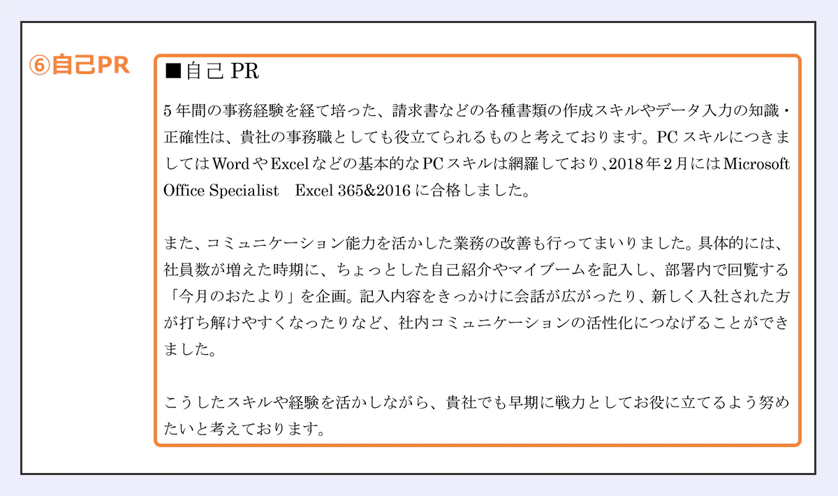 ■自己PR 5年間の事務経験を経て培った、請求書などの各種書類の作成スキルやデータ入力の知識・正確性は、貴社の事務職としても役立てられるものと考えております。PCスキルにつきましてはWordやExcelなどの基本的なPCスキルは網羅しており、2018年2月にはMicrosoft 、Office、Specialist、Excel365&2016に合格しました。/また、コミュニケーション能力を活かした業務の改善も行ってまいりました。具体的には、社員数が増えた時期に、ちょっとした自己紹介やマイブームを記入し、部署内で回覧する「今月のおたより」を企画。記入内容をきっかけに会話が広がったり、新しく入社された方が打ち解けやすくなったりなど、社内コミュニケーションの活性化につなげることができました。/こうしたスキルや経験を活かしながら、貴社でも早期に戦力としてお役に立てるよう努めたいと考えております。