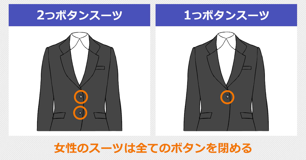 女性の2つボタンスーツと1つボタンスーツの閉め方