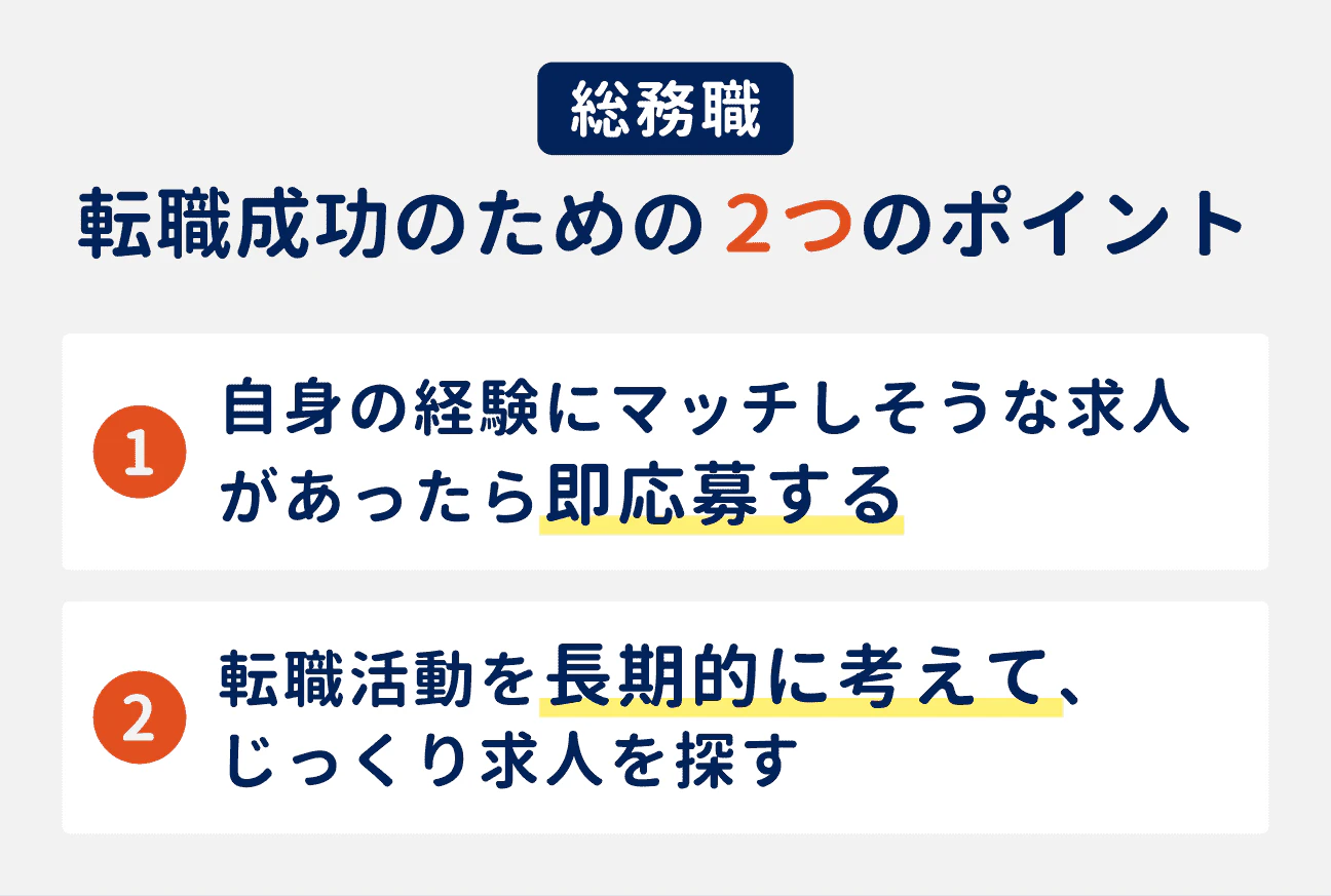 総務職の転職成功のための2つのポイント|(1)自身の経験にマッチしそうな求人があったら即応募する、(2)転職活動を長期的に考えて、じっくり求人を探す