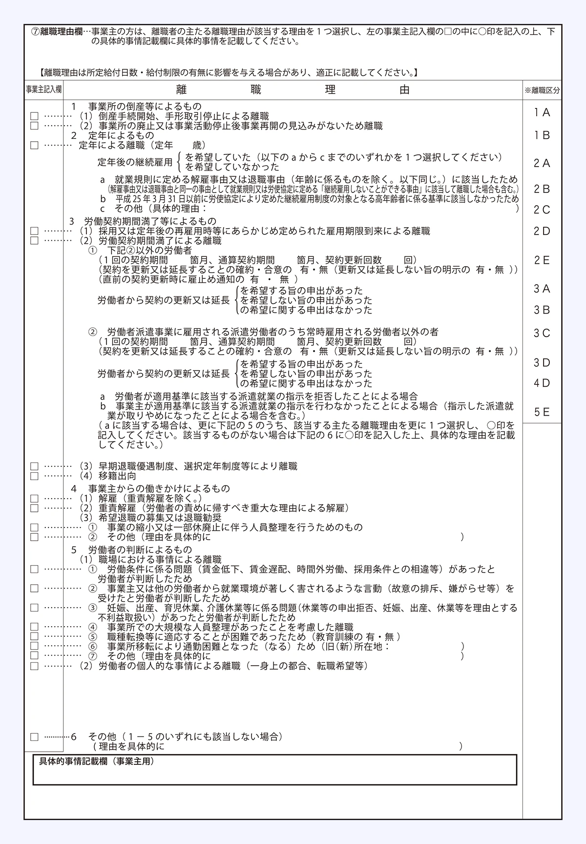 離職証明書の2枚めの離職理由の欄