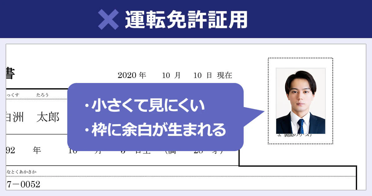 【運転免許証用の写真を貼ってしまった場合】 サイズが足りず、小さくて見にくく、枠に余白が生まれてしまう。