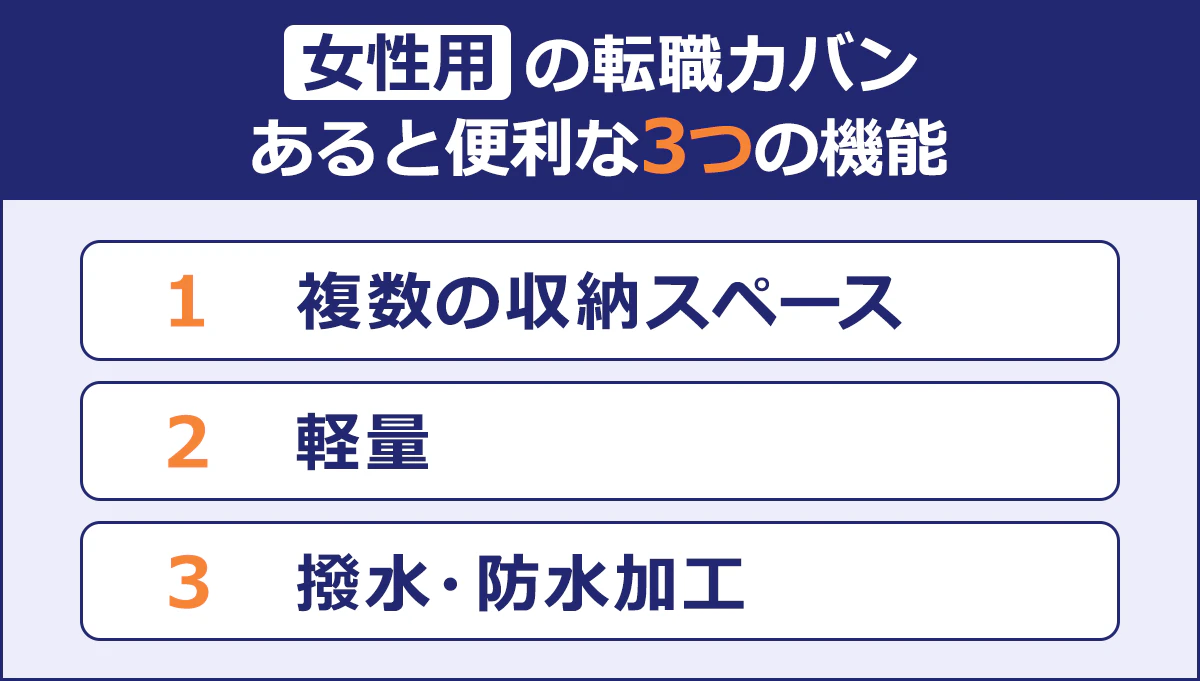 【女性用の転職カバンあると便利な3つの機能】複数の収納スペース／軽量／撥水・防水加工