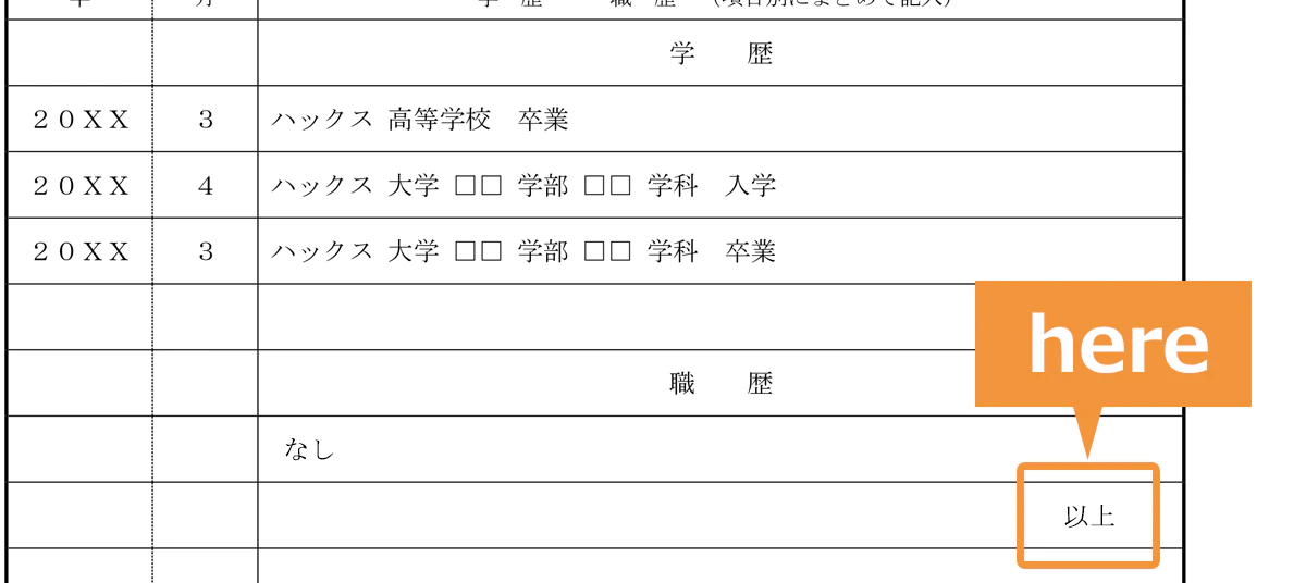 履歴書の学歴・職歴欄での「以上」の位置参考画像(新卒の就職活動)