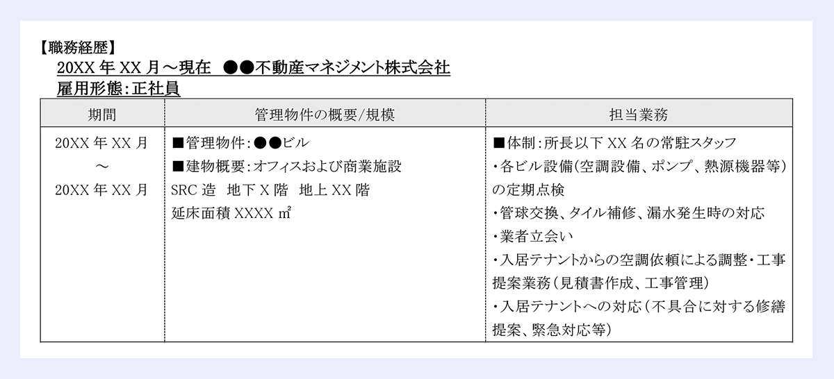 【職務経歴】|20XX 年 XX 月~現在 ●●不動産マネジメント株式会社|雇用形態:正社員|期間/ 管理物件の概要/規模 /担当業務/20XX 年 XX 月|~|20XX 年 XX 月/■管理物件:●●ビル|■建物概要:オフィスおよび商業施設|SRC 造 地下 X 階 地上 XX 階|延床面積 XXXX m2/■体制:所長以下 XX 名の常駐スタッフ|・各ビル設備(空調設備、ポンプ、熱源機器等)|の定期点検|・管球交換、タイル補修、漏水発生時の対応|・業者立会い|・入居テナントからの空調依頼による調整・工事|提案業務(見積書作成、工事管理)|・入居テナントへの対応(不具合に対する修繕|提案、緊急対応等)|