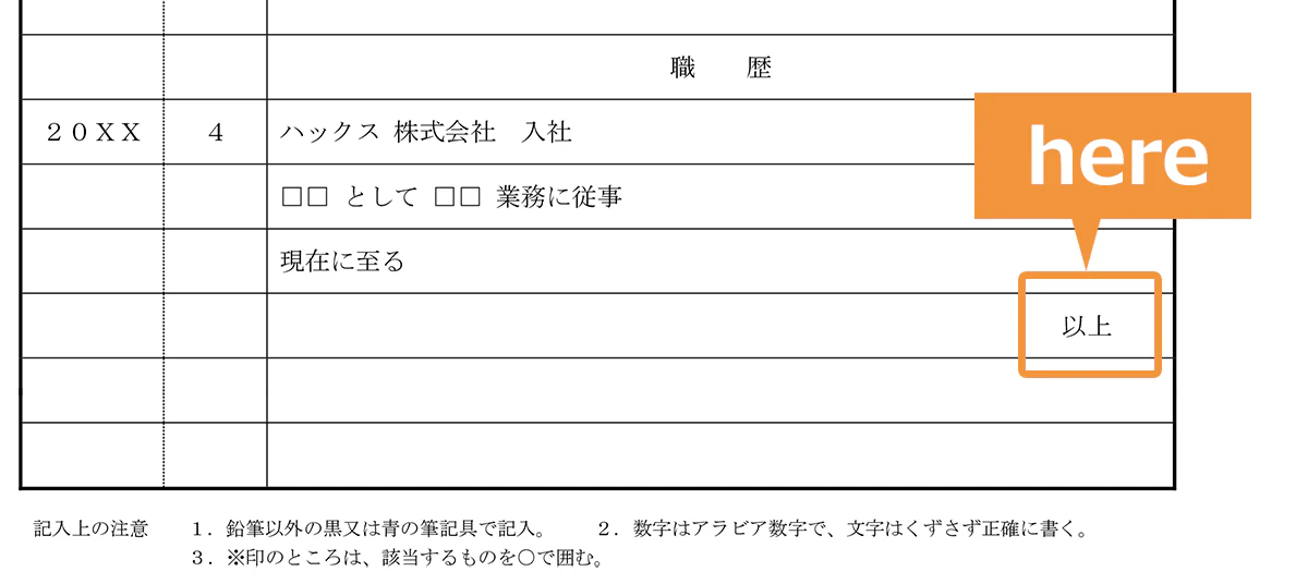 履歴書の学歴・職歴欄での「以上」の位置参考画像(在職中の場合)