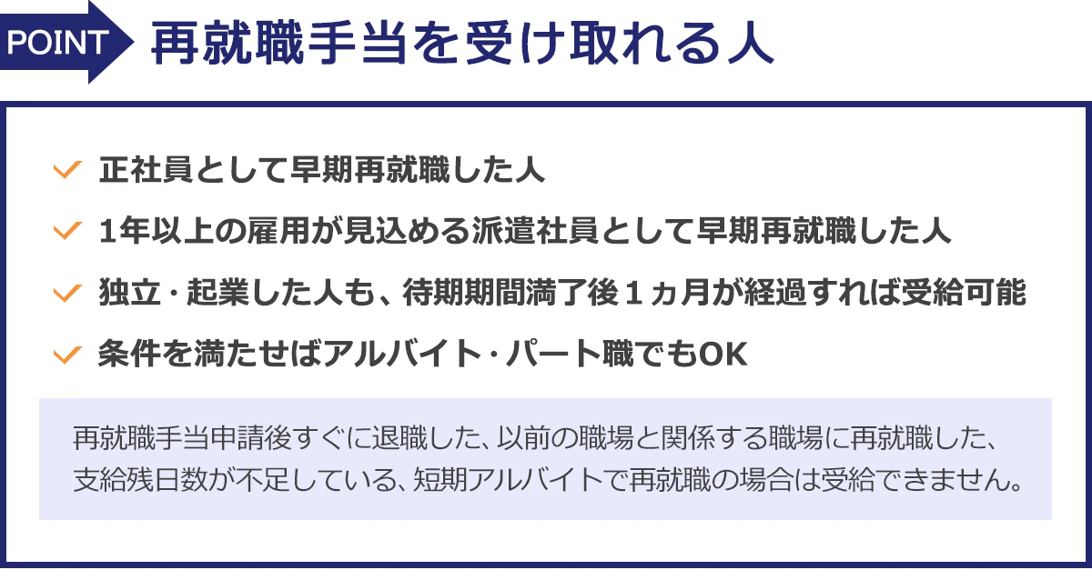 この記事のポイント:再就職手当を受け取れる人は...正社員として早期再就職した人、1年以上の雇用が見込める派遣社員として早期再就職した人、独立・企業した人(待期期間満了後1ヵ月が経過すれば受給可能)、条件を満たせばアルバイト・パート職でもOK