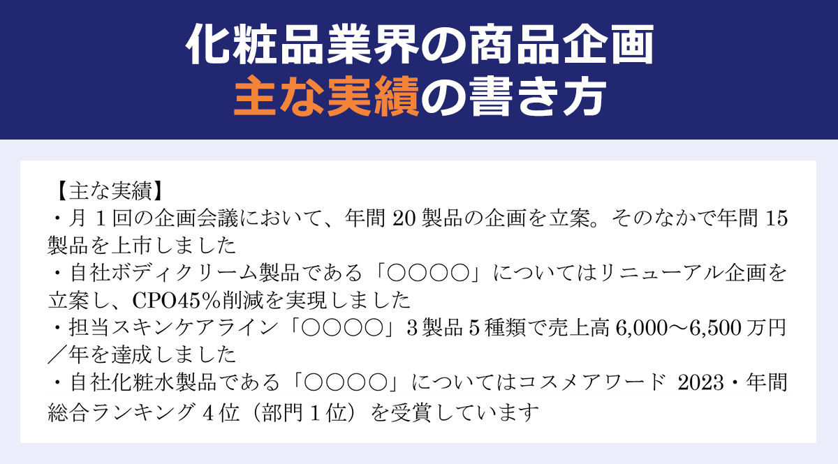 【化粧品業界の商品企画・主な実績の書き方】【主な実績】・自社商品の「〇〇〇〇」のリニューアルでは、従来品と比べて昨年比120%の販売実績を達成しています/・商品説明会および社外取引先へのプレゼンテーション業務(PowerPoint)も実施いたしました