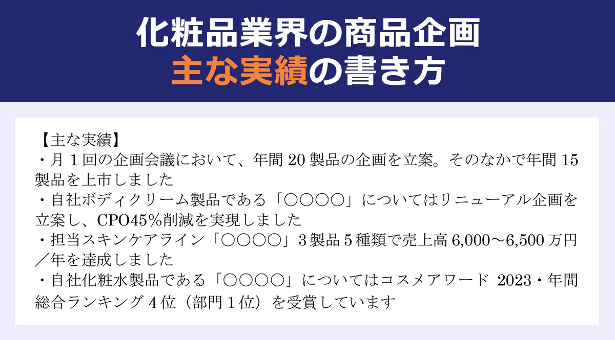 【化粧品業界の商品企画・主な実績の書き方】【主な実績】・自社商品の「〇〇〇〇」のリニューアルでは、従来品と比べて昨年比120%の販売実績を達成しています/・商品説明会および社外取引先へのプレゼンテーション業務(PowerPoint)も実施いたしました