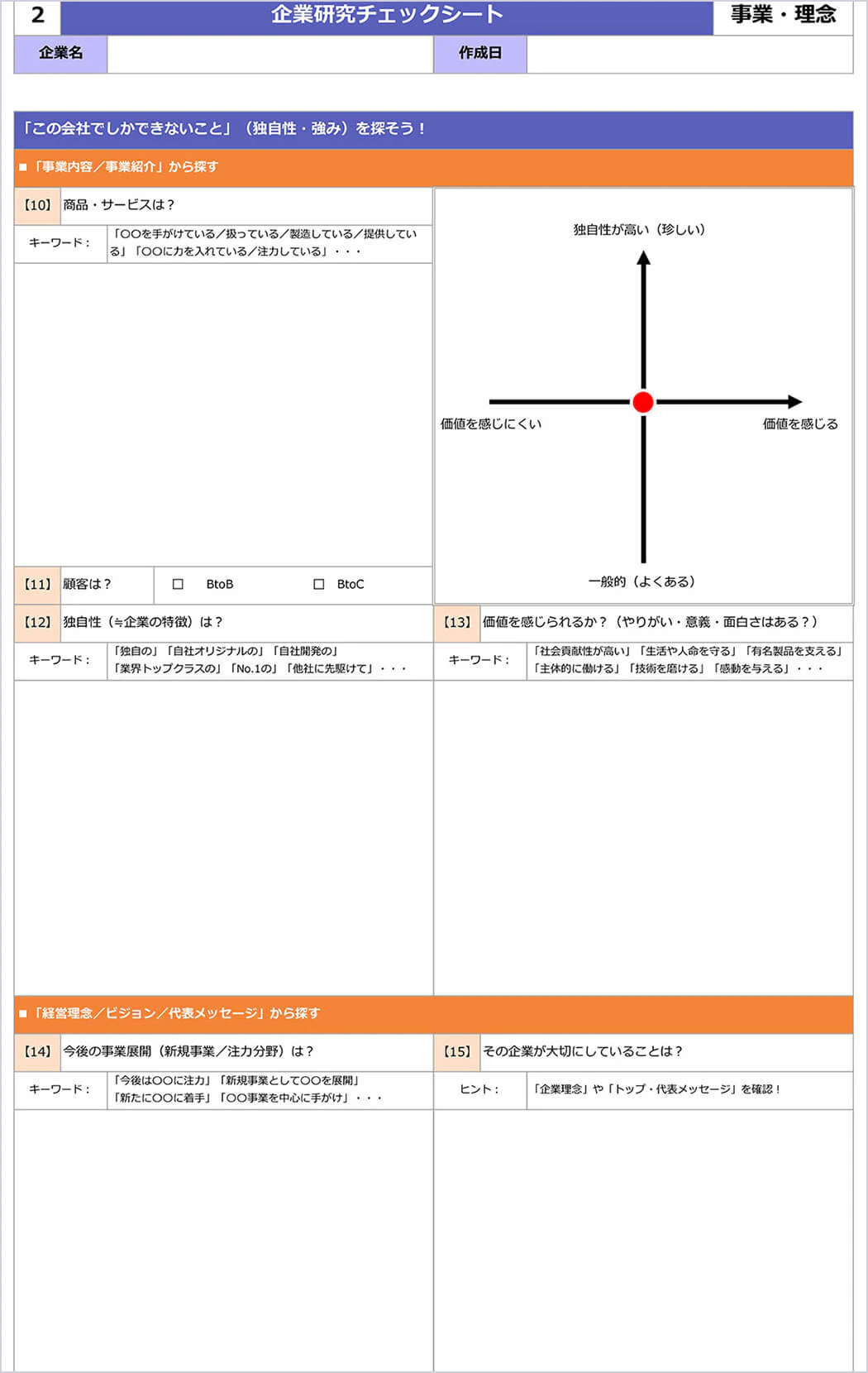 チェックシートの2枚目、「事業内容・理念編」の画像です。自分と企業とのマッチングや、特徴の洗い出しに使います。