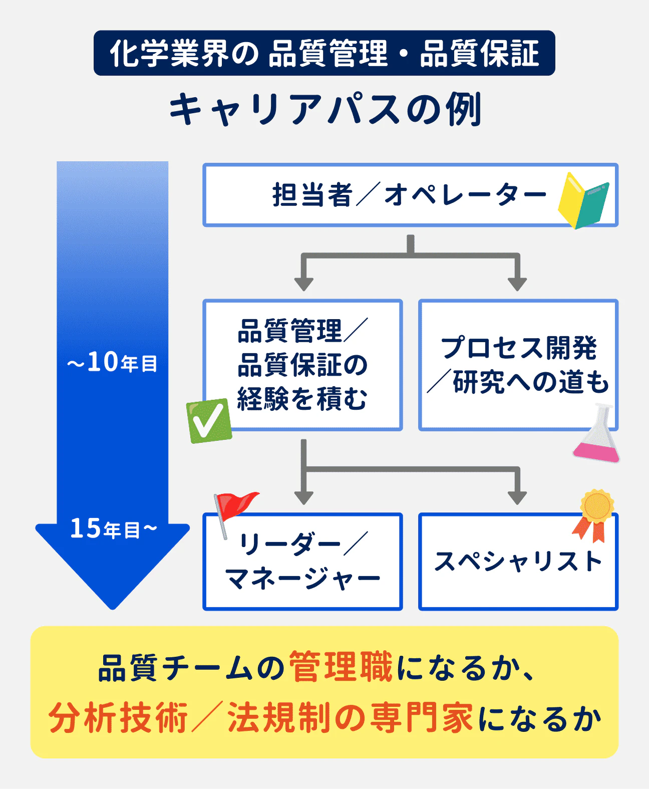 化学業界の品質管理・品質保証のキャリアパスの例|まずは担当者/オペレーターからスタートし、10年目前後でキャリアが分岐。品質管理/品質保証の経験を積むか、プロセス開発/研究の道へ進むことになる|品質管理/品質保証の経験を積んだ場合、15年目以降を目処に、リーダー/マネージャーかスペシャリストにキャリアがさらに分岐する