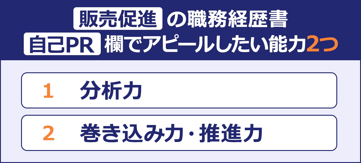 ~販売促進の職務経歴書 自己PR欄でアピールしたい能力2つ~|1 分析力|2 巻き込み力・推進力