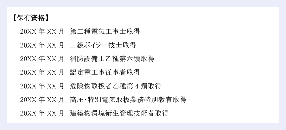 保有資格】|20XX 年 XX 月 第二種電気工事士取得|20XX 年 XX 月 二級ボイラー技士取得|20XX 年 XX 月 消防設備士乙種第六類取得|20XX 年 XX 月 認定電工事従事者取得|20XX 年 XX 月 危険物取扱者乙種第 4 類取得|20XX 年 XX 月 高圧・特別電気取扱業務特別教育取得|20XX 年 XX 月 建築物環境衛生管理技術者取得