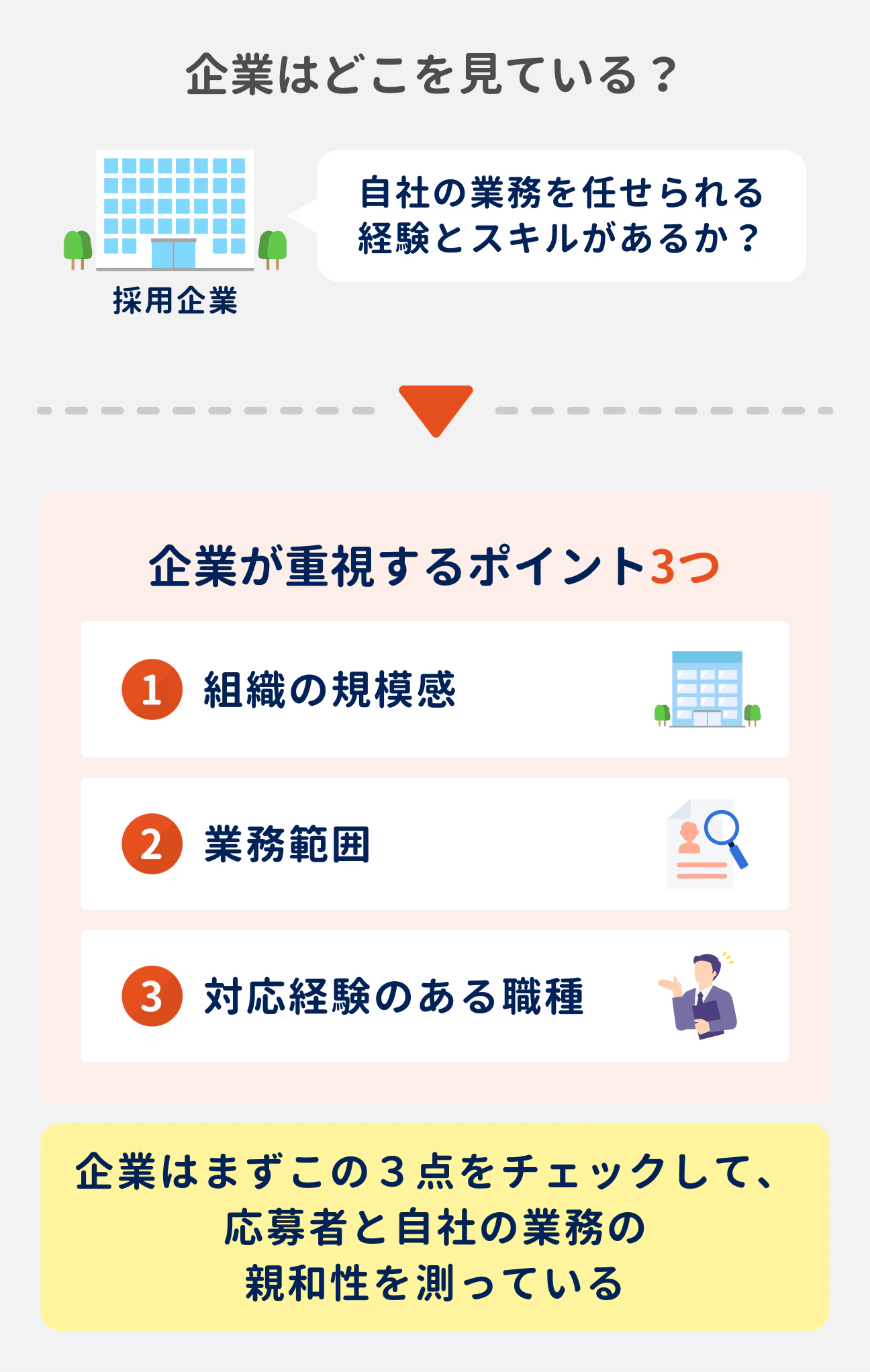 企業が重視するポイント3つ｜（1）組織の規模感、（2）業務範囲、（3）対応経験のある職種｜企業はまずこの3点をチェックして、応募者と自社の業務の親和性を測っている