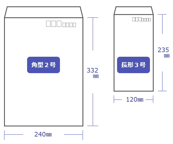 封筒サイズの比較図。角型2号はタテ332ミリメートル×ヨコ240ミリメートル。長形3号はタテ235ミリメートル×ヨコ120ミリメートル。