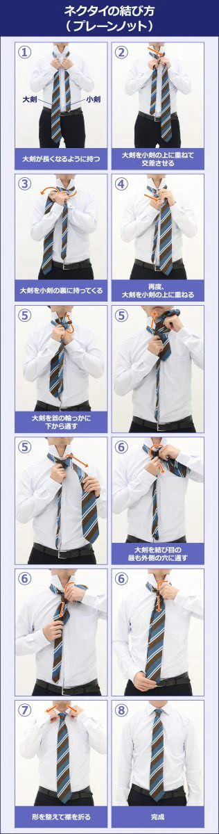 【ネクタイの結び方（プレーンノット】1：大剣/小剣/大剣が長くなるように持つ/2：大剣を小剣の上に重ねて交差させる/3：大剣を小剣の裏に持ってくる/4：再度、大剣を小剣の上に重ねる/5:（5～7枚目）大剣を首の輪っかに下から通す/6:（8～10枚目）大剣を結び目の最も外側の穴に通す/7:形を整えて襟を折る/8:完成