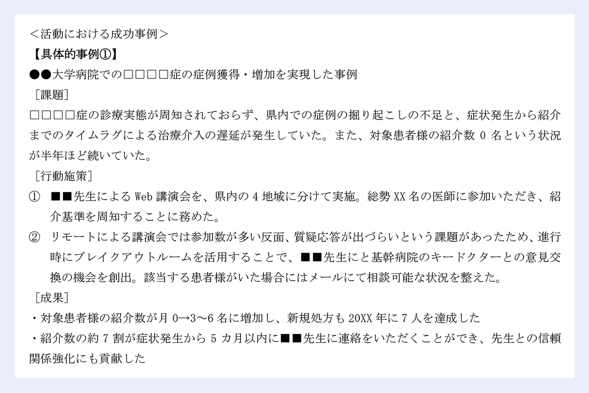 ＜活動における成功事例＞ |【具体的事例①】 |●●大学病院での□□□□症の症例獲得・増加を実現した事例 |［課題］ |□□□□症の診療実態が周知されておらず、県内での症例の掘り起こしの不足と、症状発生から紹介までのタイムラグによる治療介入の遅延が発生していた。また、対象患者様の紹介数0名という状況が半年ほど続いていた。 |［行動施策］ |■■先生によるWeb講演会を、県内の4地域に分けて実施。総勢XX名の医師に参加いただき、紹介基準を周知することに務めた。 |リモートによる講演会では参加数が多い反面、質疑応答が出づらいという課題があったため、進行時にブレイクアウトルームを活用することで、■■先生にと基幹病院のキードクターとの意見交換の機会を創出。該当する患者様がいた場合にはメールにて相談可能な状況を整えた。 ||［成果］ |・対象患者様の紹介数が月0→3～6名に増加し、新規処方も20XX年に7人を達成した |・紹介数の約7割が症状発生から5カ月以内に■■先生に連絡をいただくことができ、先生との信頼関係強化にも貢献した