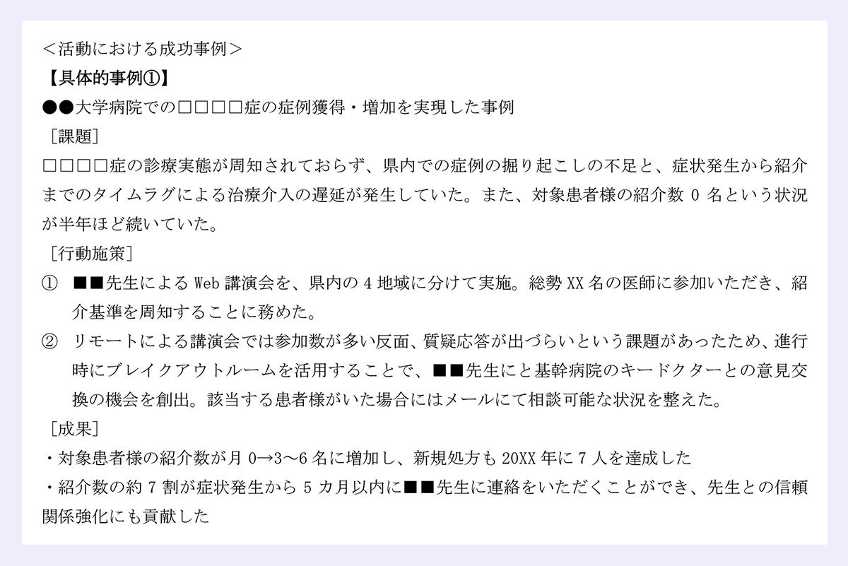 ＜活動における成功事例＞ |【具体的事例①】 |●●大学病院での□□□□症の症例獲得・増加を実現した事例 |［課題］ |□□□□症の診療実態が周知されておらず、県内での症例の掘り起こしの不足と、症状発生から紹介までのタイムラグによる治療介入の遅延が発生していた。また、対象患者様の紹介数0名という状況が半年ほど続いていた。 |［行動施策］ |■■先生によるWeb講演会を、県内の4地域に分けて実施。総勢XX名の医師に参加いただき、紹介基準を周知することに務めた。 |リモートによる講演会では参加数が多い反面、質疑応答が出づらいという課題があったため、進行時にブレイクアウトルームを活用することで、■■先生にと基幹病院のキードクターとの意見交換の機会を創出。該当する患者様がいた場合にはメールにて相談可能な状況を整えた。 ||［成果］ |・対象患者様の紹介数が月0→3～6名に増加し、新規処方も20XX年に7人を達成した |・紹介数の約7割が症状発生から5カ月以内に■■先生に連絡をいただくことができ、先生との信頼関係強化にも貢献した