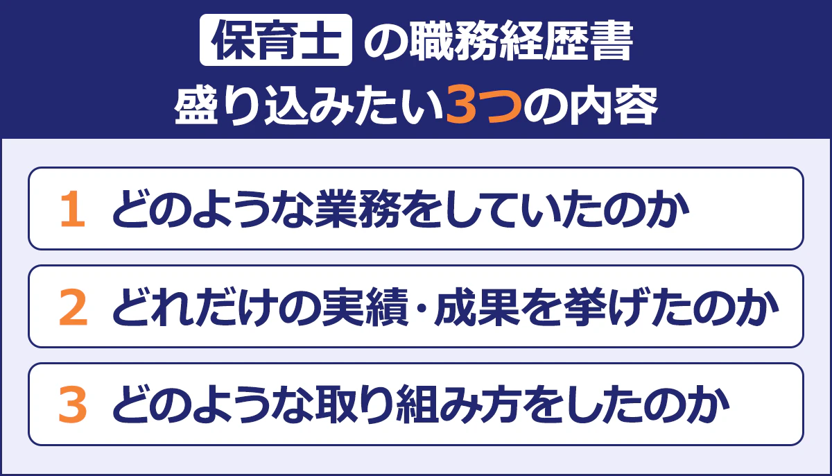 保育士の職務経歴書/盛り込みたい3つの内容/1.どのような業務をしていたのか 2.どれだけの実績・成果を挙げたのか 3.どのような取り組み方をしたのか