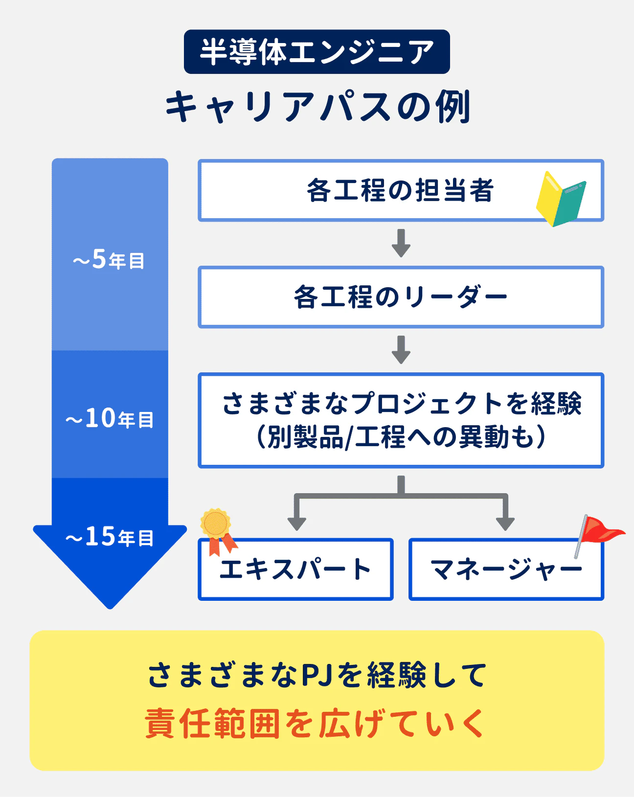 半導体エンジニアのキャリアパスは、さまざまなプロジェクトを経験して責任範囲を広げていくのが一般的|(キャリアパスの例)入社~5年目は、各工程の担当者からスタートし、リーダーを経験。5年目~10年目でさまざまなプロジェクトを経験していく。その後、15年目にかけてキャリアが分岐し、エキスパートとマネージャーに分かれていく。