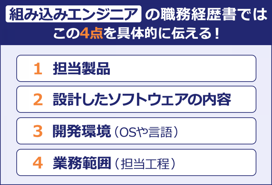 【組み込みエンジニアの職務経歴書ではこの4点を具体的に伝える！】担当製品／設計したソフトウェアの内容／開発環境（OSや言語）／業務範囲（担当工程）