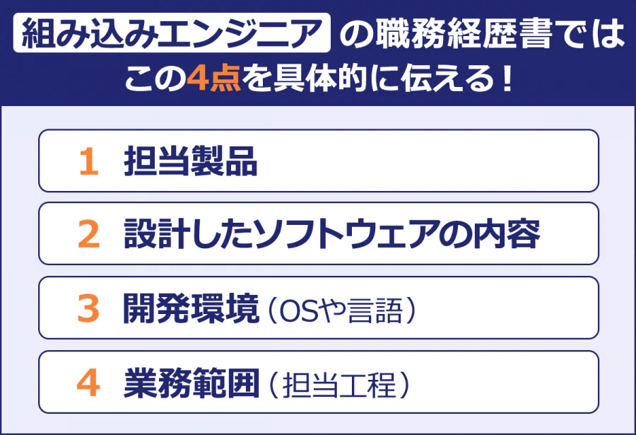 【組み込みエンジニアの職務経歴書ではこの4点を具体的に伝える！】担当製品／設計したソフトウェアの内容／開発環境（OSや言語）／業務範囲（担当工程）
