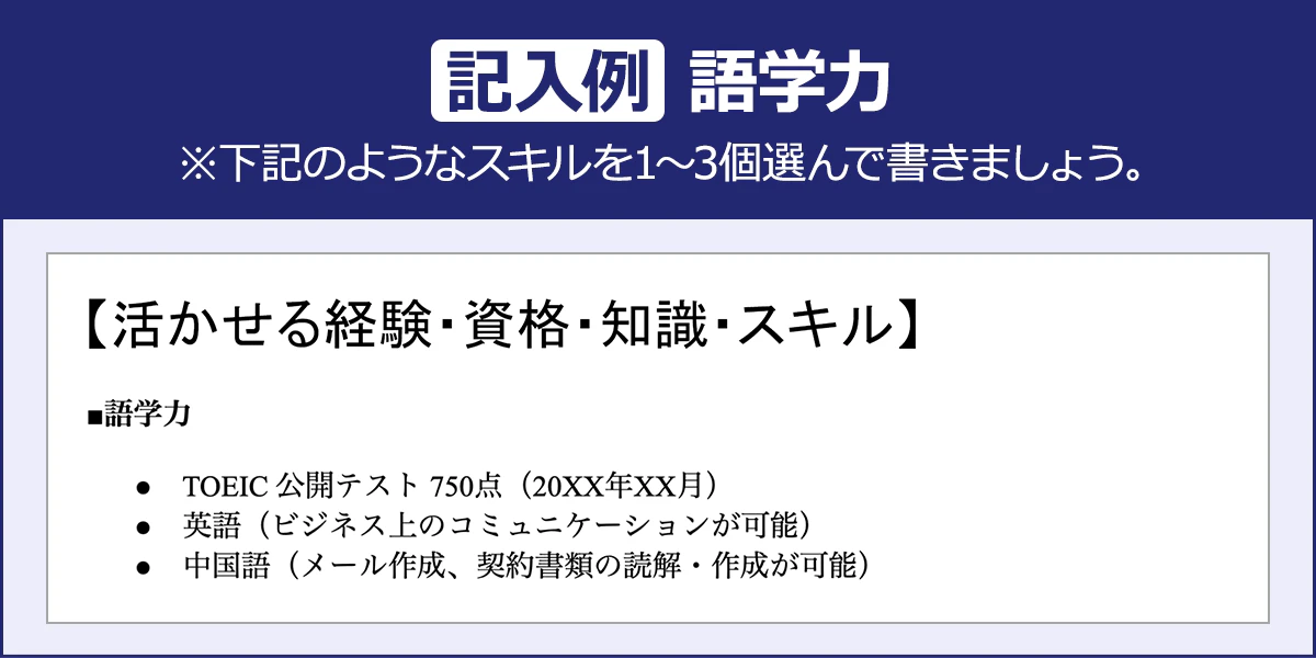 【記入例：語学力】※下記のようなスキルを１～３個選んで書きましょう。【活かせる経験・資格・知識・スキル】■語学力・TOEIC公開テスト750点（20XX年XX月）・英語（ビジネス上のコミュニケーションが可能）・中国語（メール作成、契約書類の読解・作成が可能）