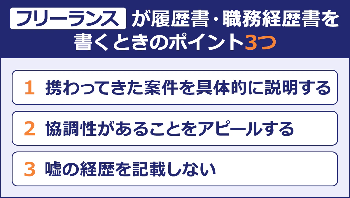 【フリーランスが履歴書・職務経歴書を書く際のポイント3つ】携わってきた案件を具体的に説明する/協調性があることをアピールする/嘘の経歴を記載しない