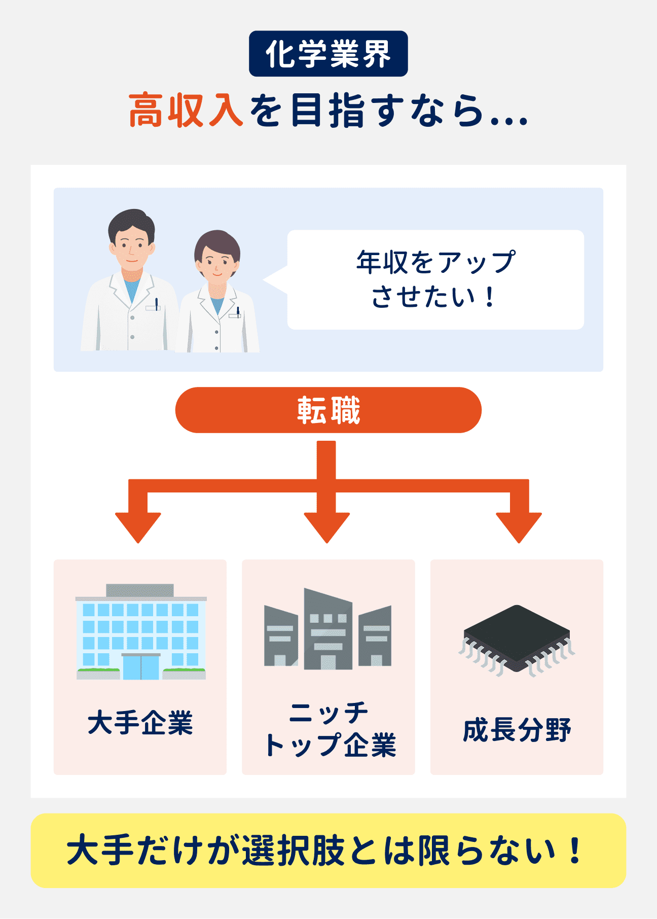 化学業界で高収入を目指したい場合、大手だけでなく、ニッチトップ企業や成長分野も選択肢に入ってくる。
